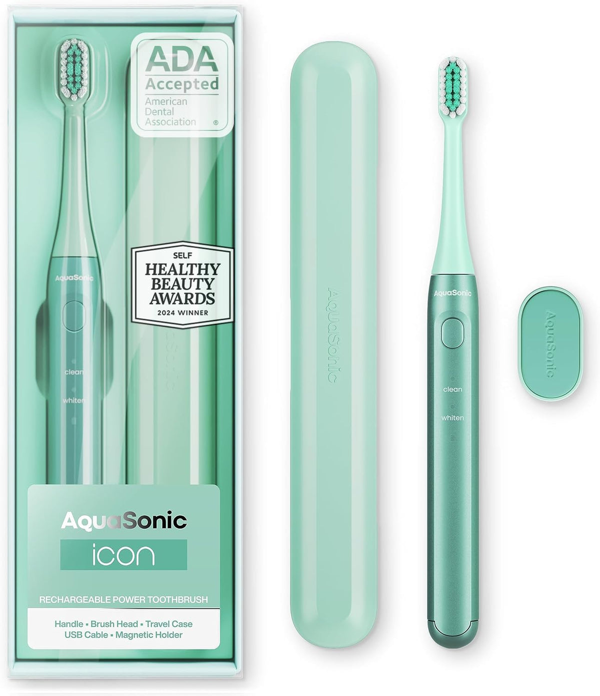 Front view of Aquasonic Icon mint toothbrush