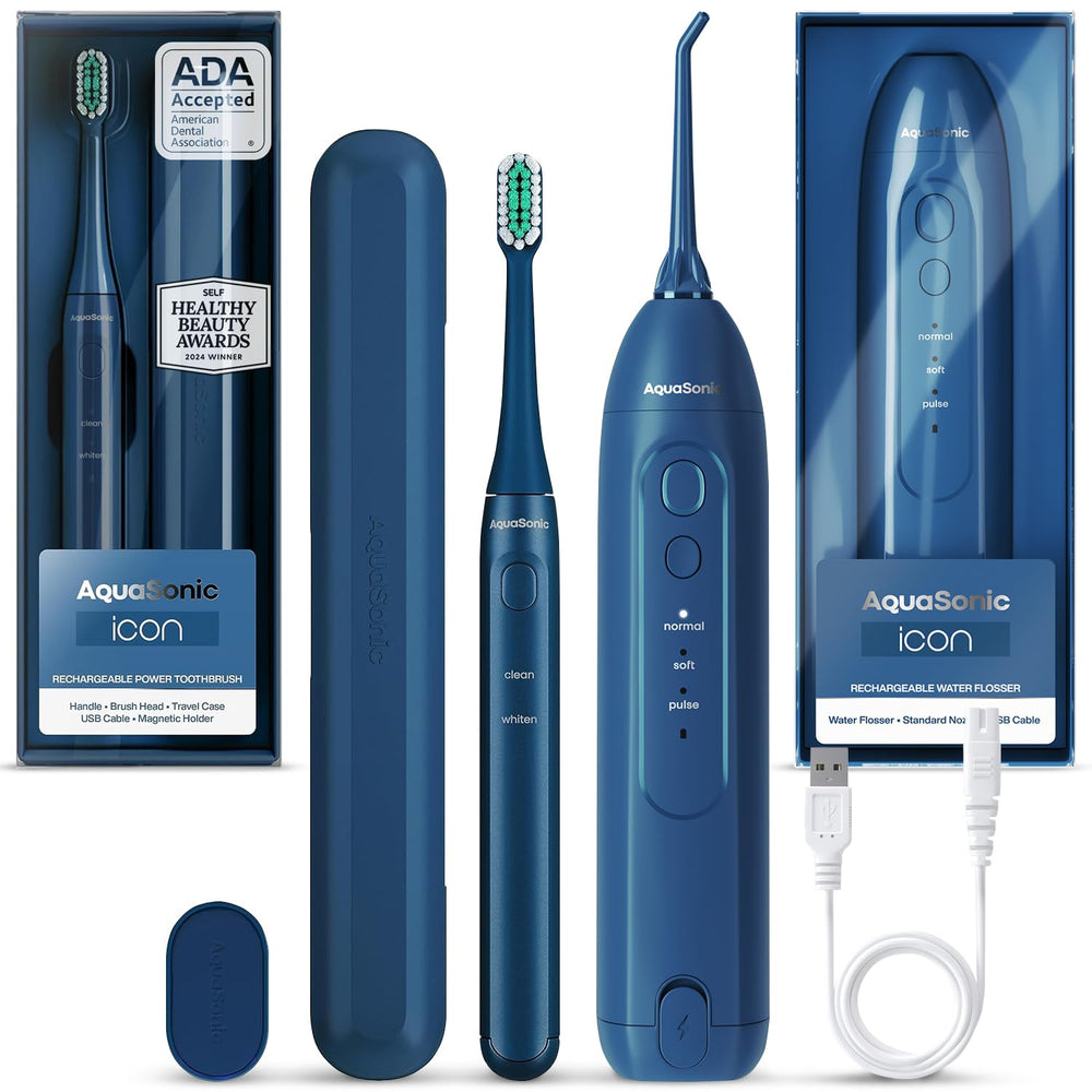 Aquasonic Icon Rechargeable Toothbrush and Water Flosser Bundle in Navy