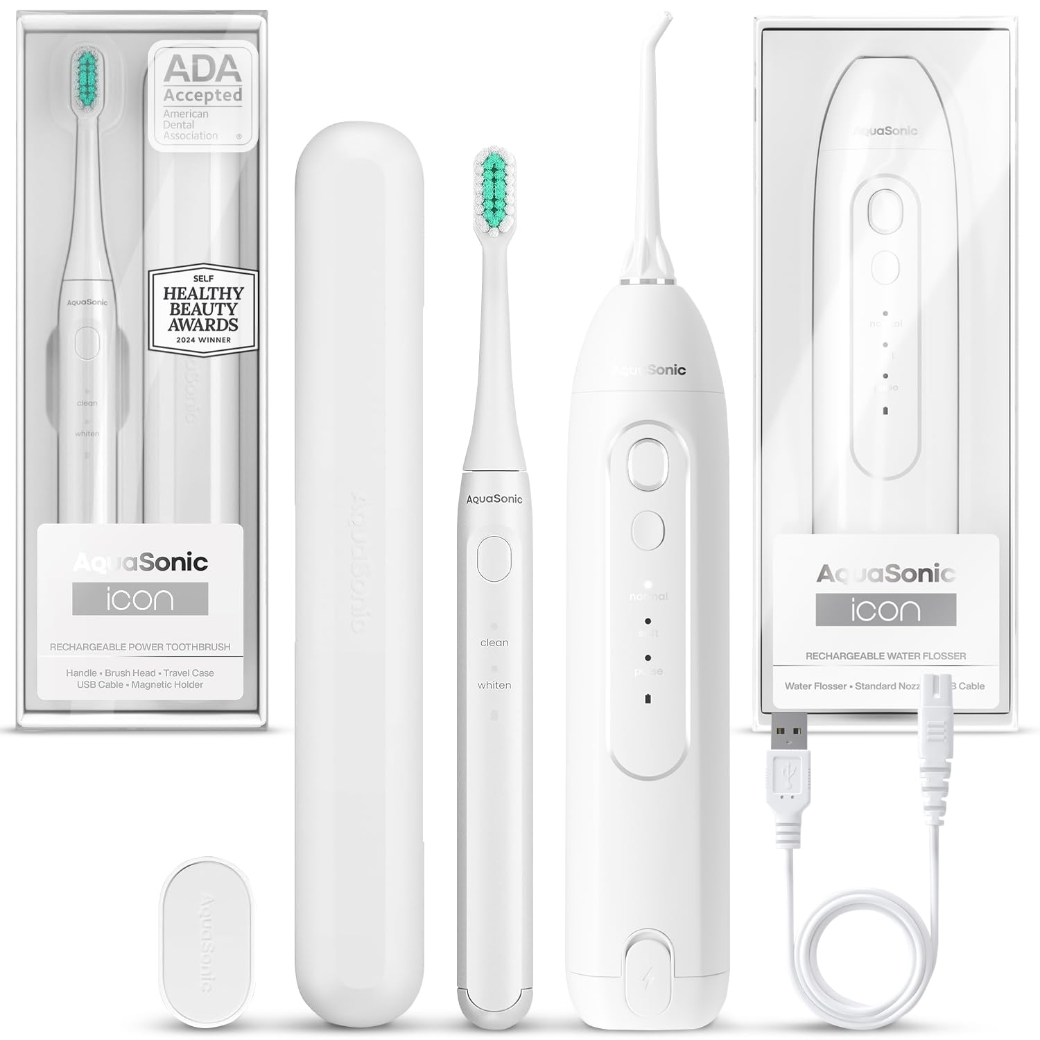 AquaSonic Icon Rechargeable Toothbrush and Water Flosser Bundle in Pearl color