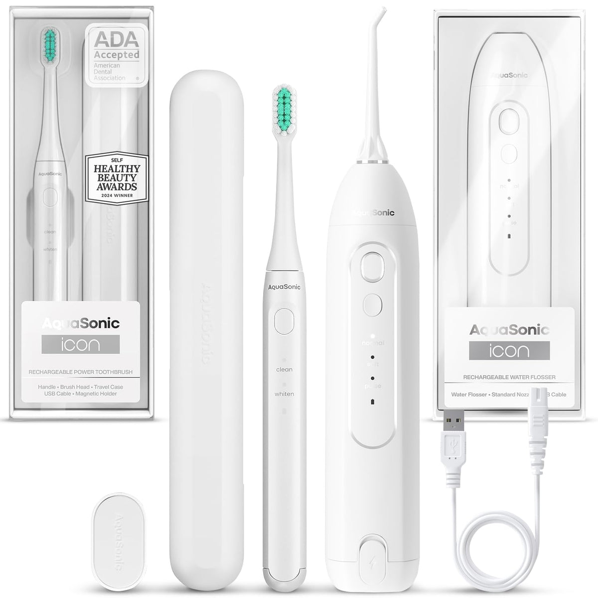 AquaSonic Icon Rechargeable Toothbrush and Water Flosser Bundle in Pearl color