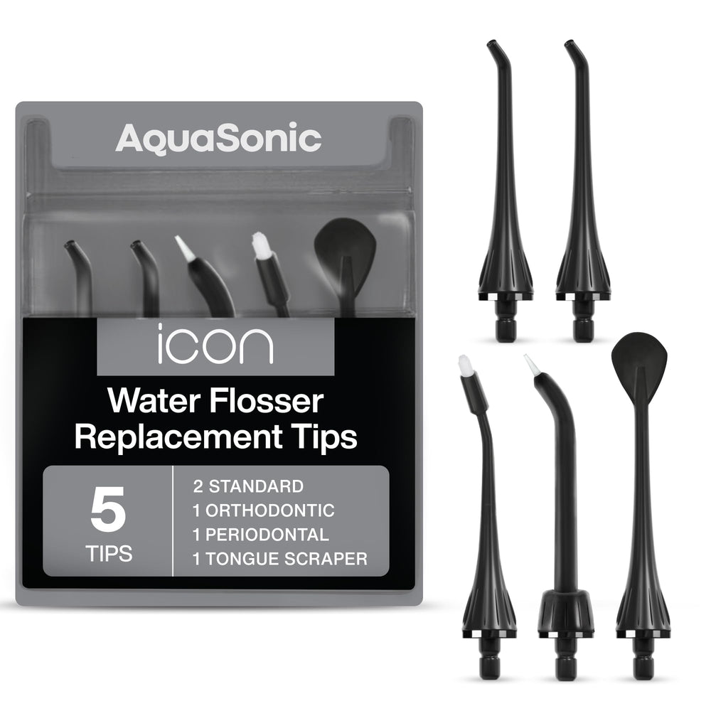 Two standard AquaSonic water flosser replacement tips in package