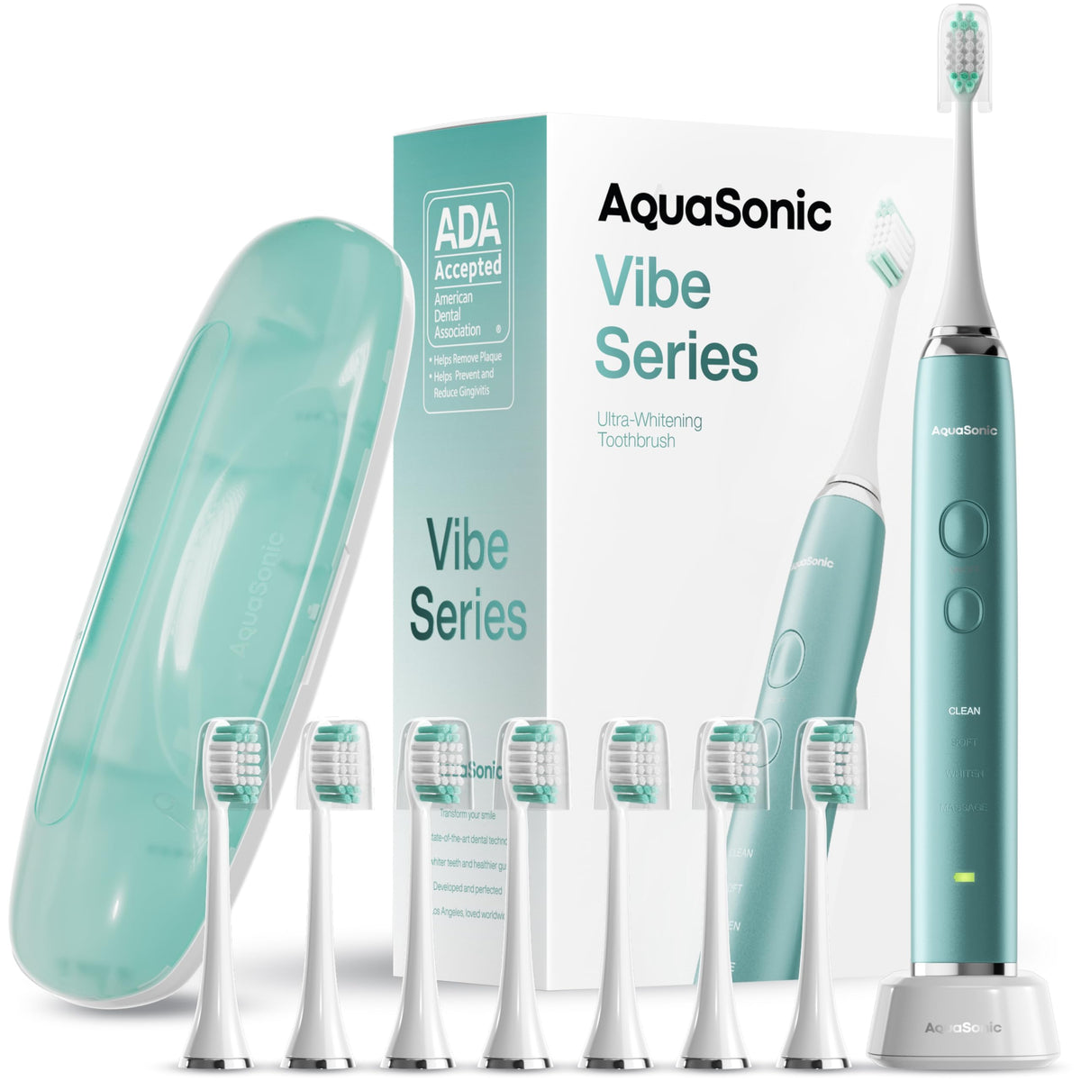 Front view of Aquasonic Vibe Series Mint Green Metallic toothbrush