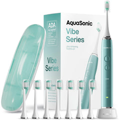 Front view of Aquasonic Vibe Series Mint Green Metallic toothbrush
