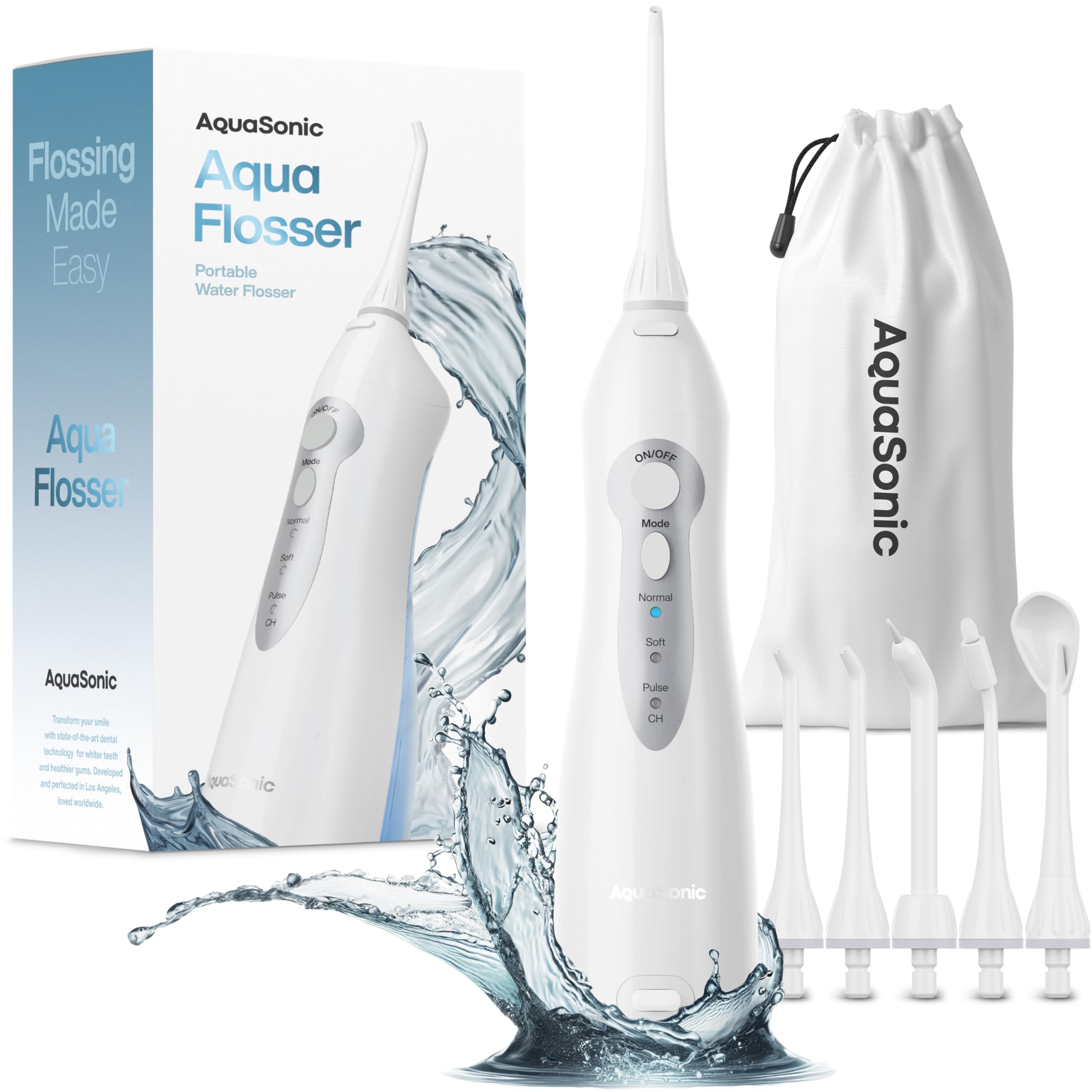 AquaSonic Water Flosser device with 5 jet tips and travel bag