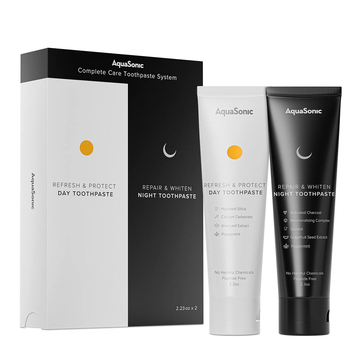 AquaSonic Complete Care toothpaste box showing two day and night tubes