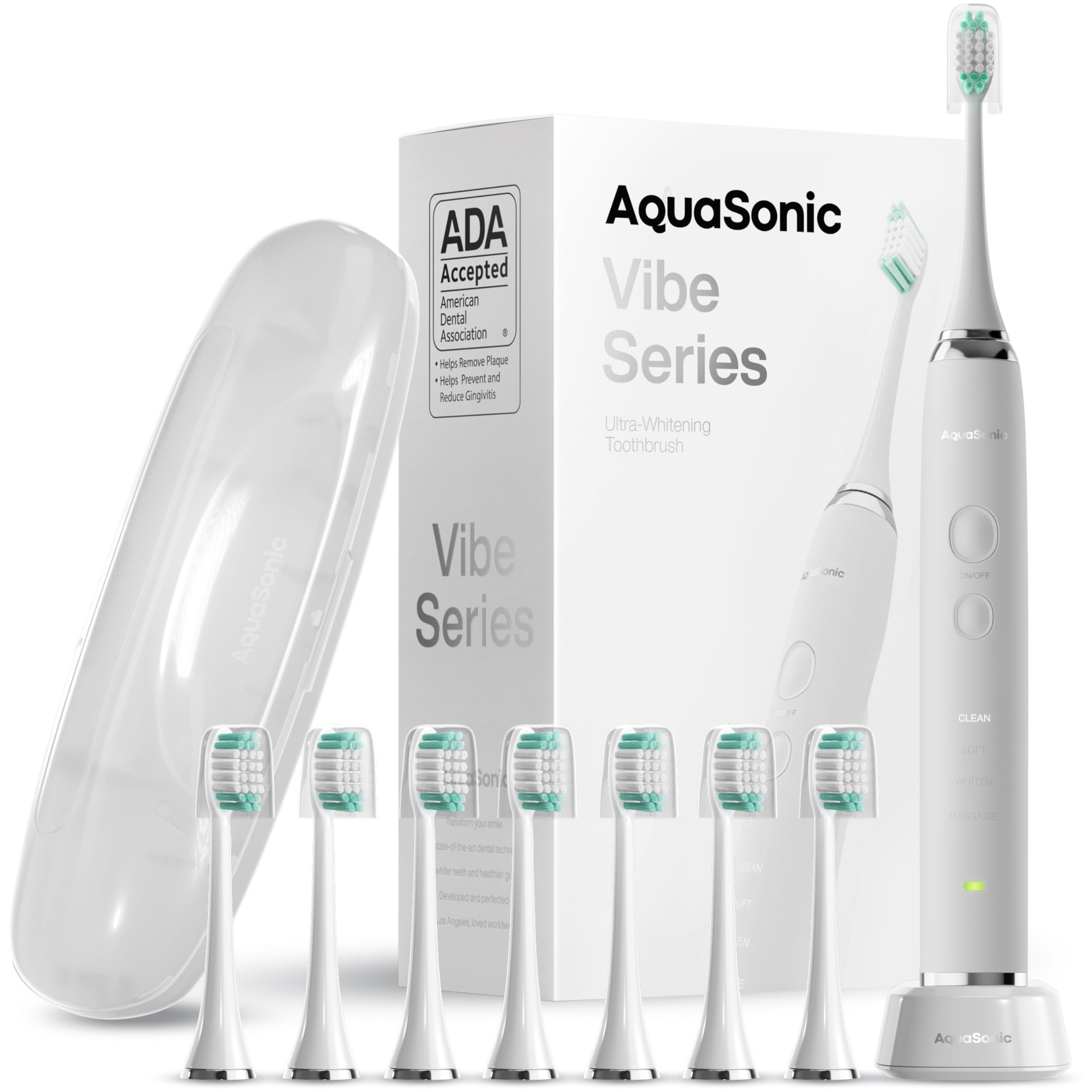 Front view of Aquasonic Vibe Series Optic White toothbrush