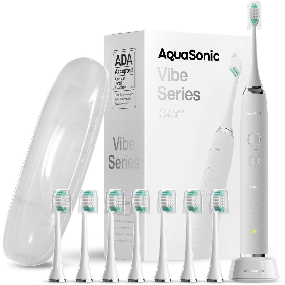 Front view of Aquasonic Vibe Series Optic White toothbrush