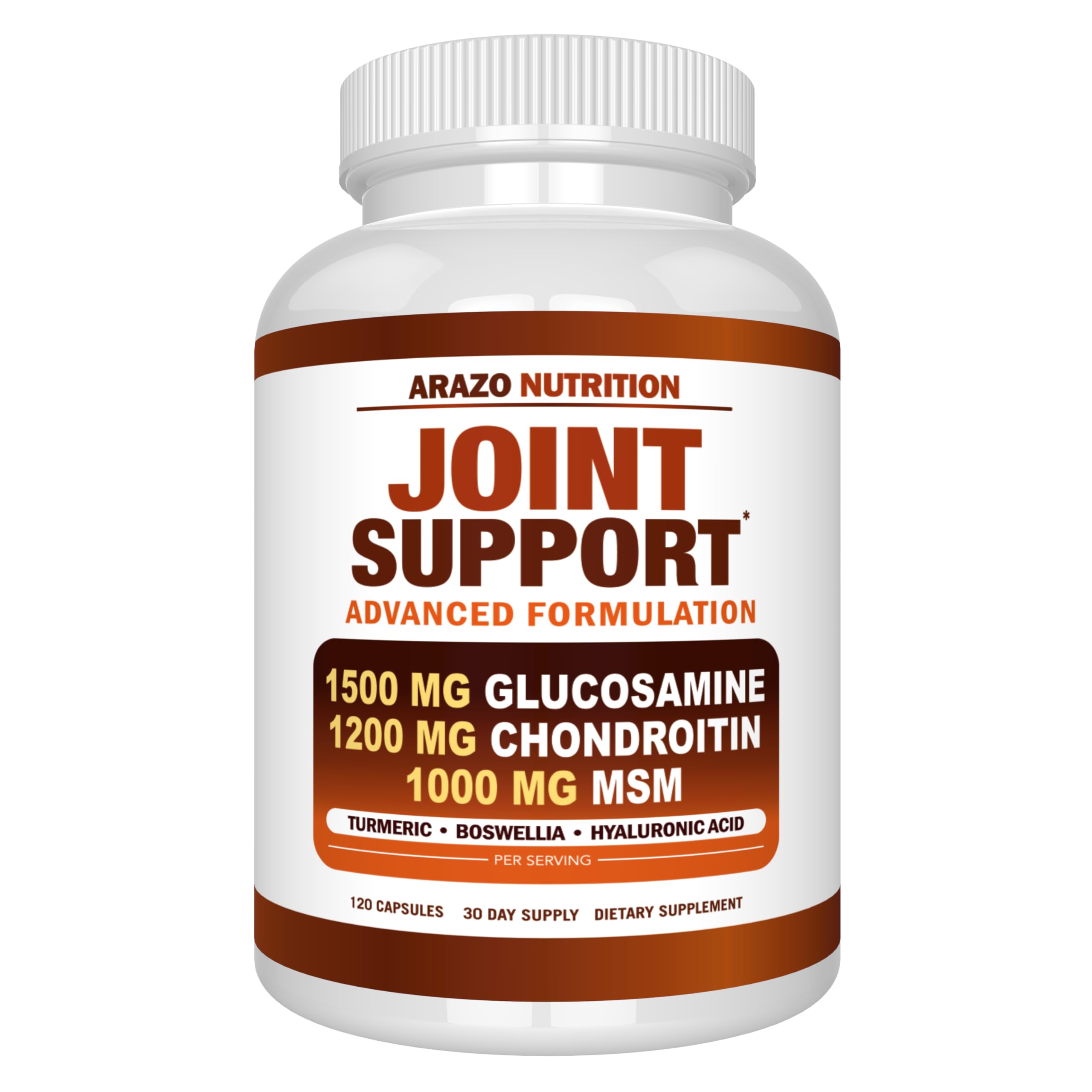 Arazo Nutrition glucosamine chondroitin turmeric msm boswellia bottle supports joint comfort.