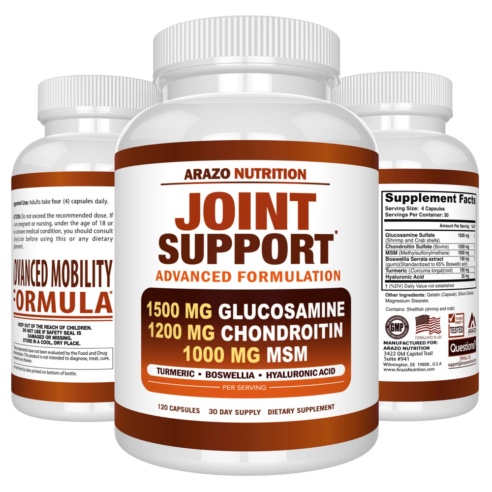 Arazo Nutrition ingredients text highlight glucosamine chondroitin turmeric msm boswellia.