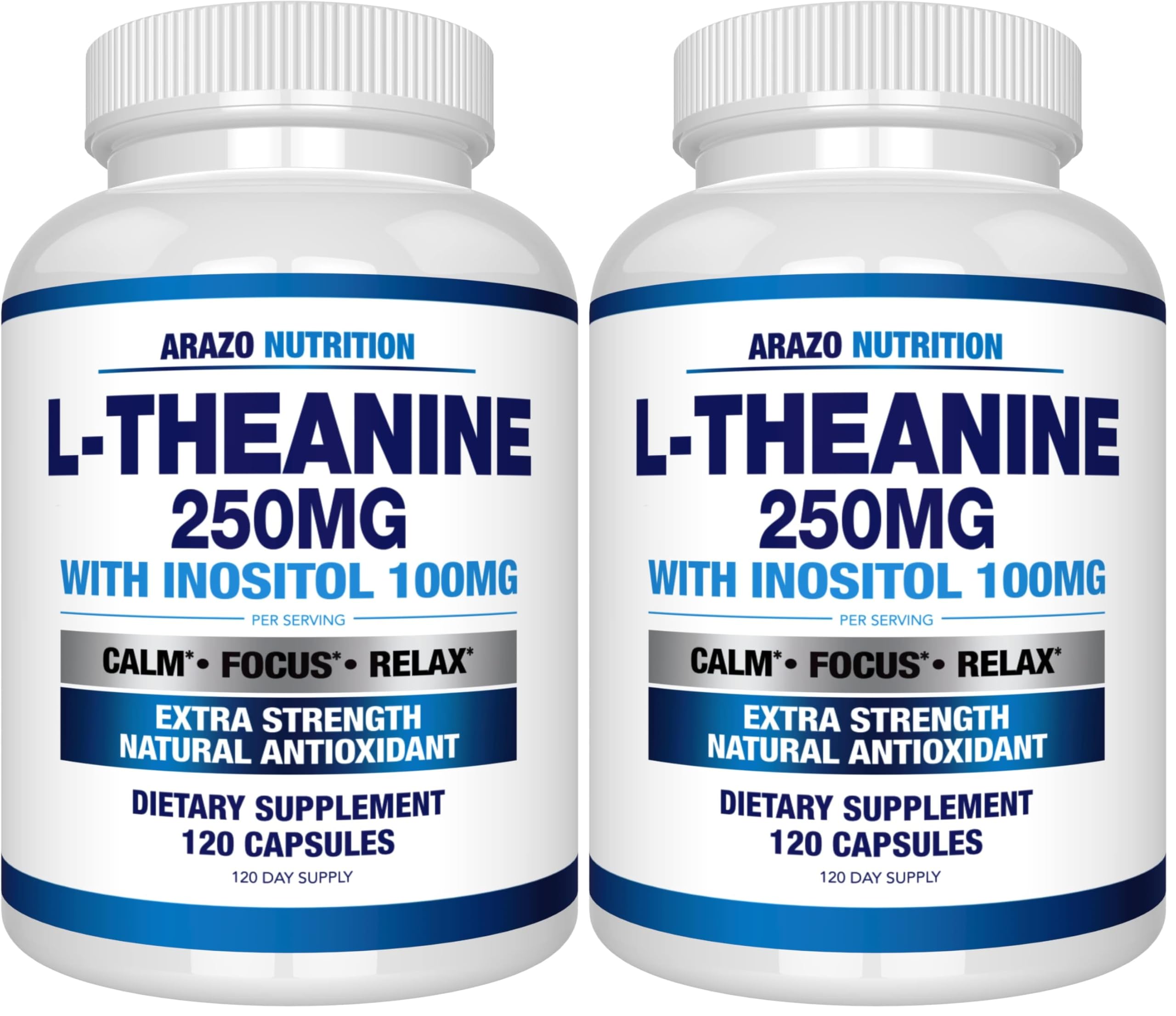 Product image: Arazo Nutrition L-Theanine 250mg with Inositol 100mg – bottle and pack (front view)