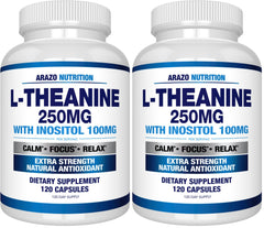 Product image: Arazo Nutrition L-Theanine 250mg with Inositol 100mg – bottle and pack (front view)