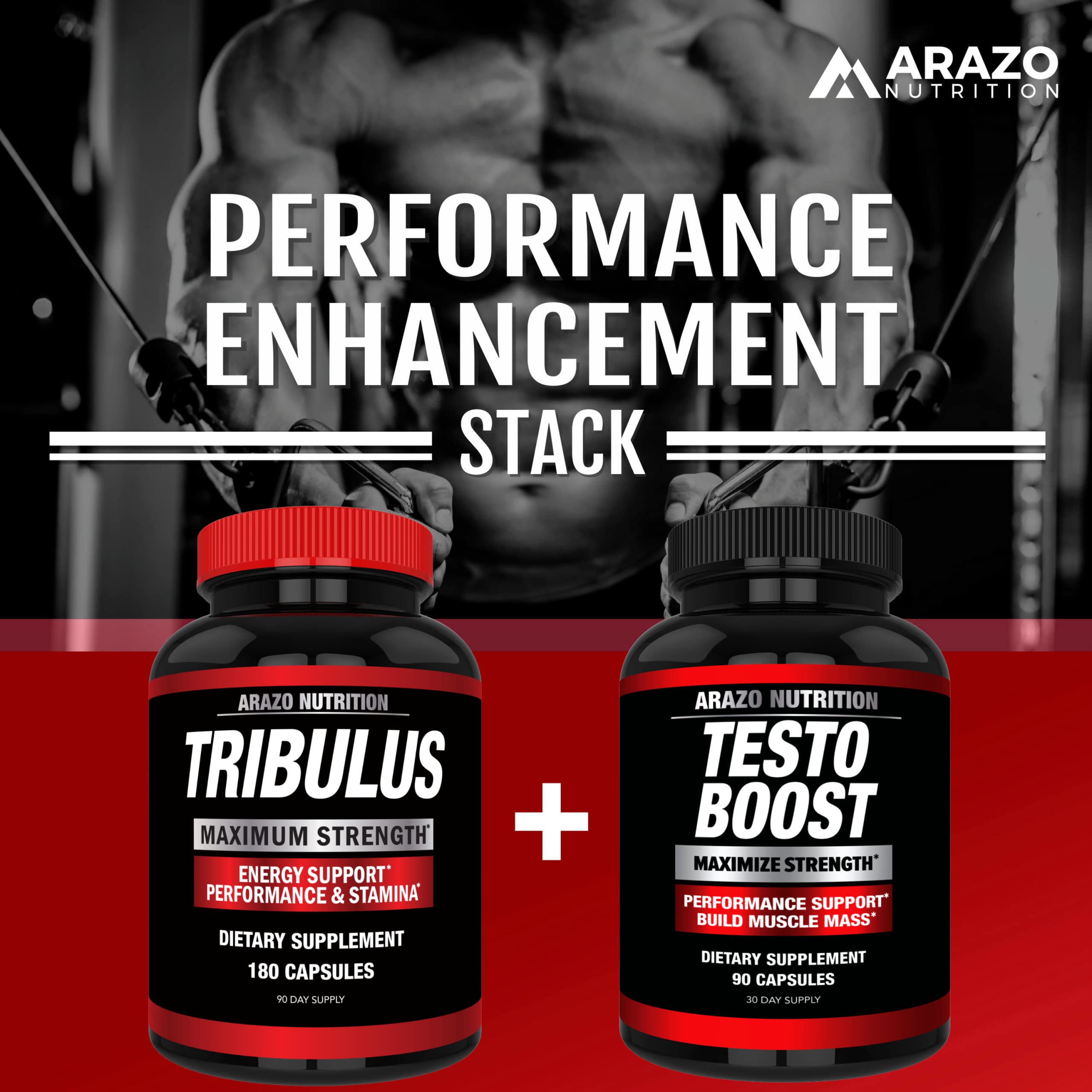 Athlete silhouette beside Arazo Nutrition TestoBoost to suggest training performance support.