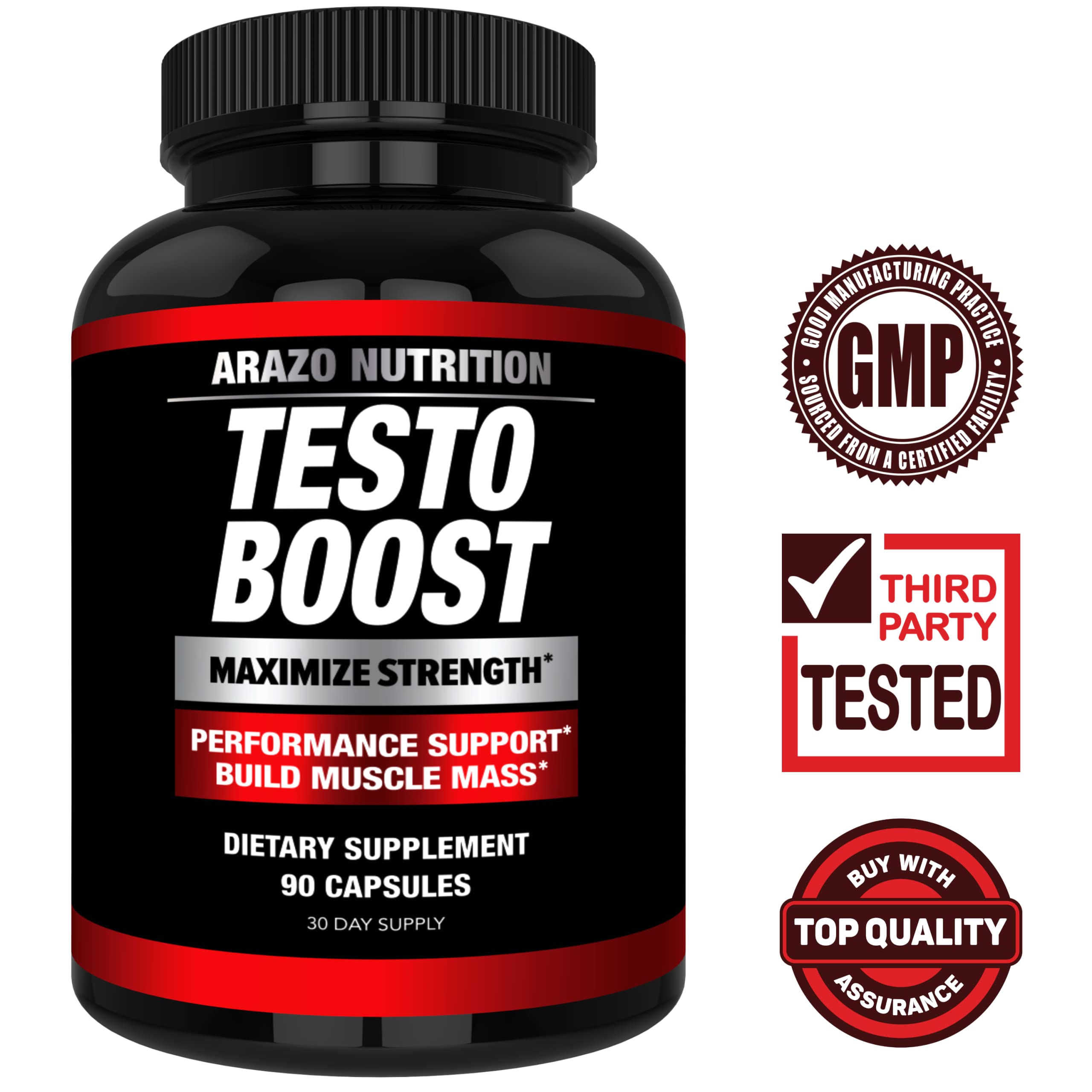 Arazo Nutrition TestoBoost capsules shown for convenient daily supplementation.