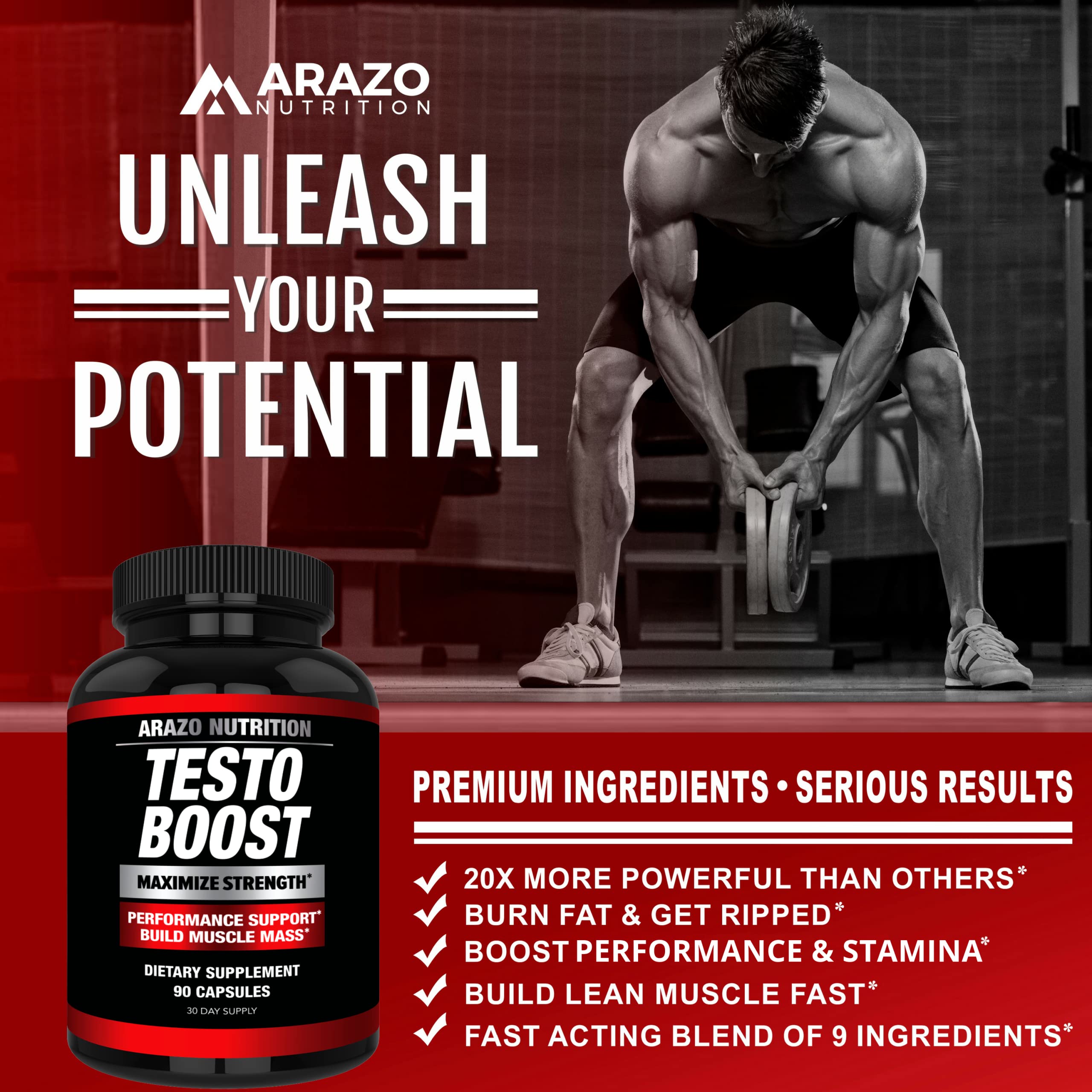 GMP-certified facility badge on Arazo Nutrition TestoBoost packaging signals quality.
