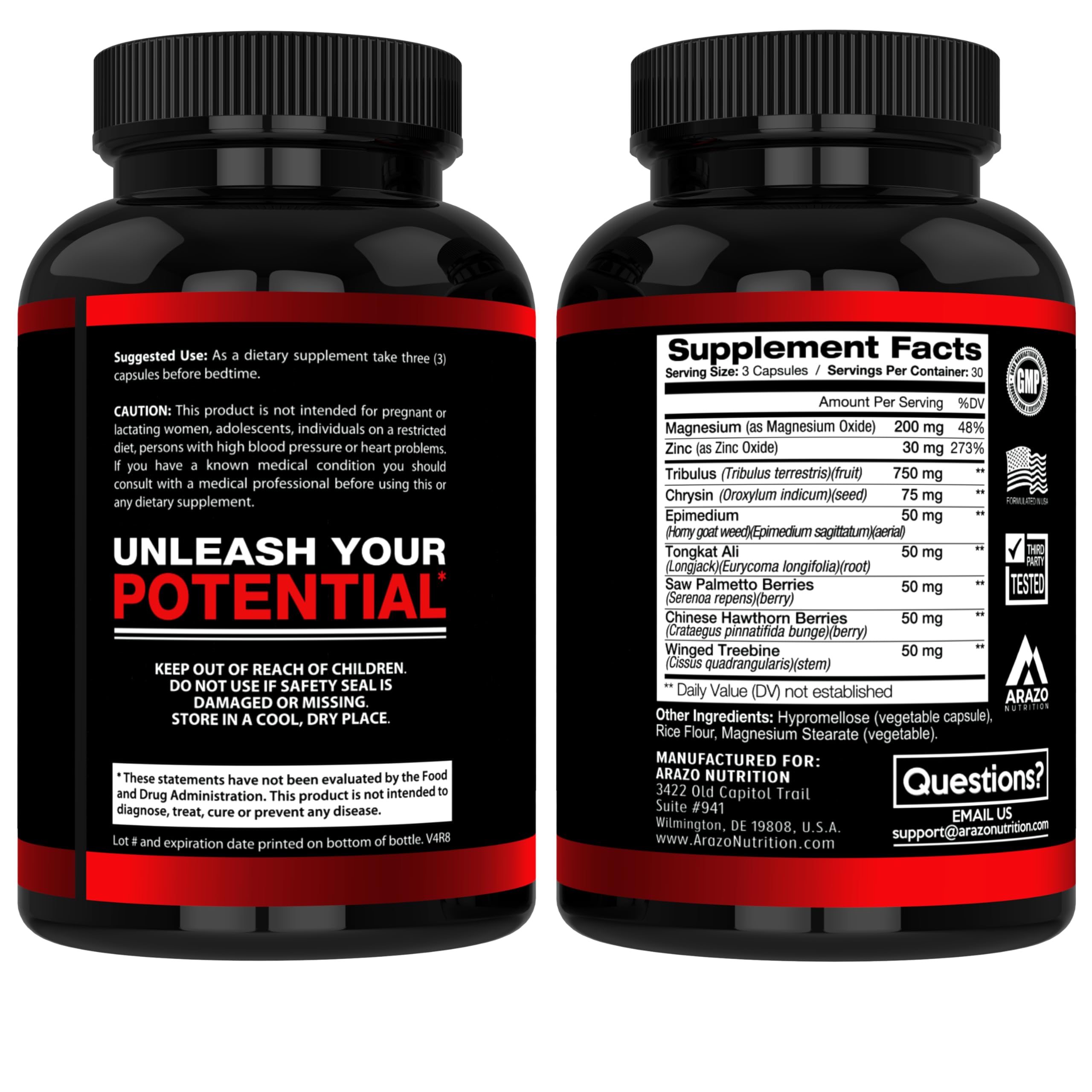 Arazo Nutrition TestoBoost ingredients panel features Tribulus and Epimedium for athletic support.