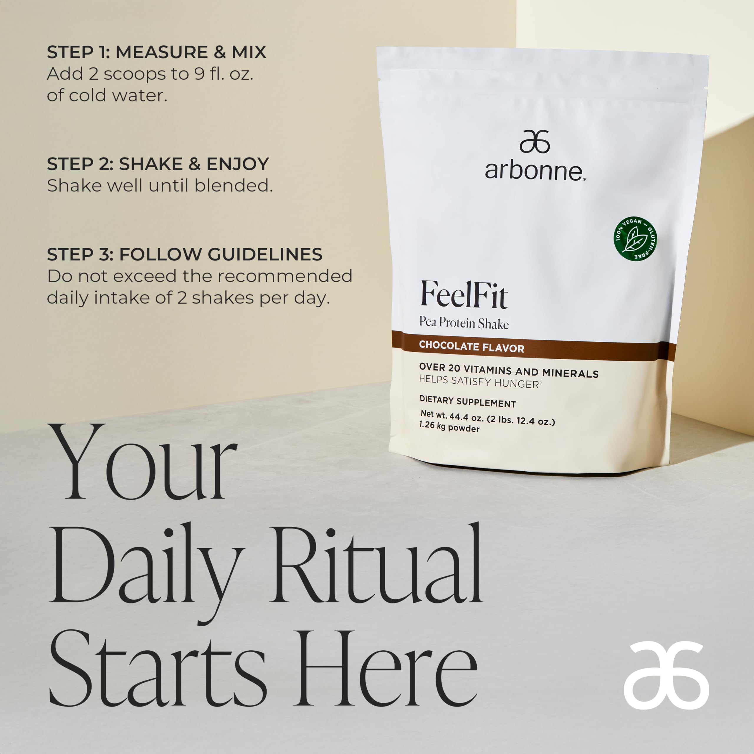 Arbonne Feelfit pea protein scoop close-up emphasizing 20g protein per serving