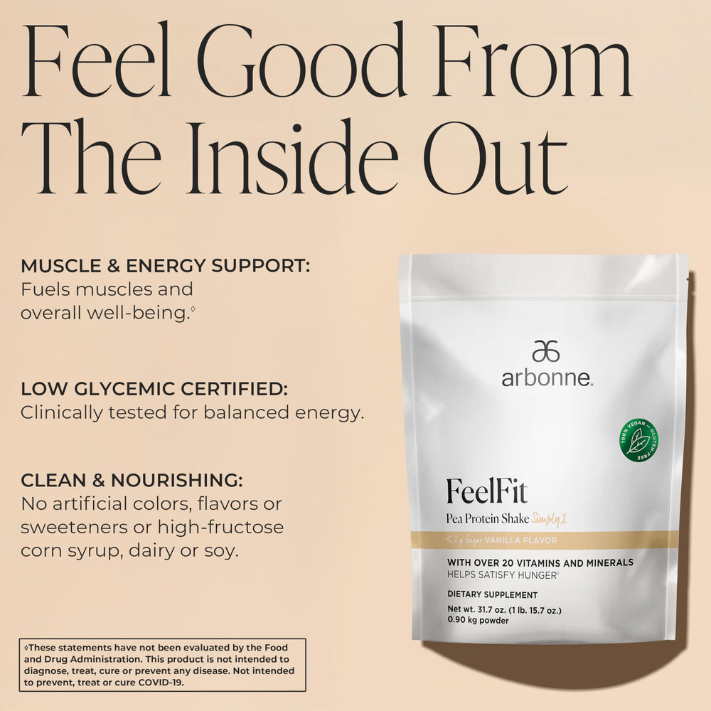 Arbonne Feelfit vanilla pea protein tub close-up showing vitamins and minerals