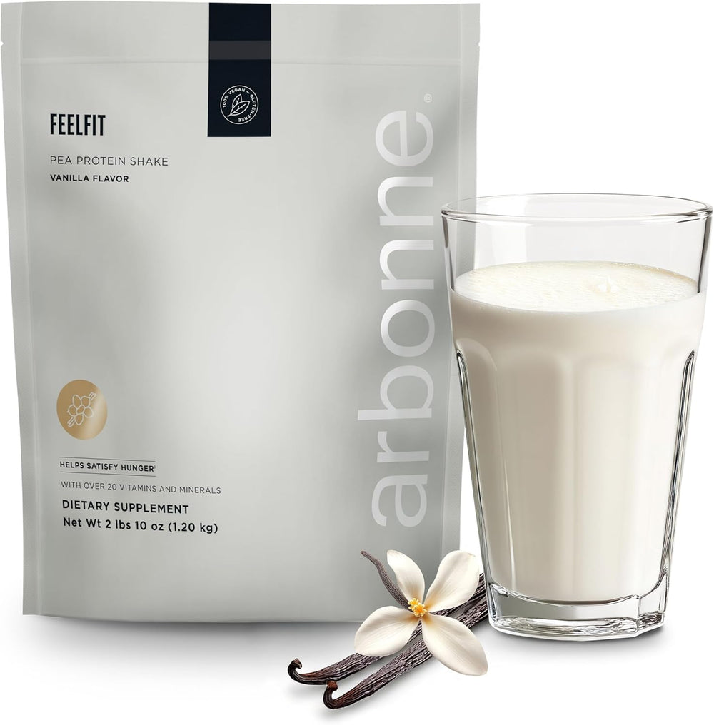 Arbonne Feelfit vanilla pea protein tub with 20g protein per serving for daily nutrition