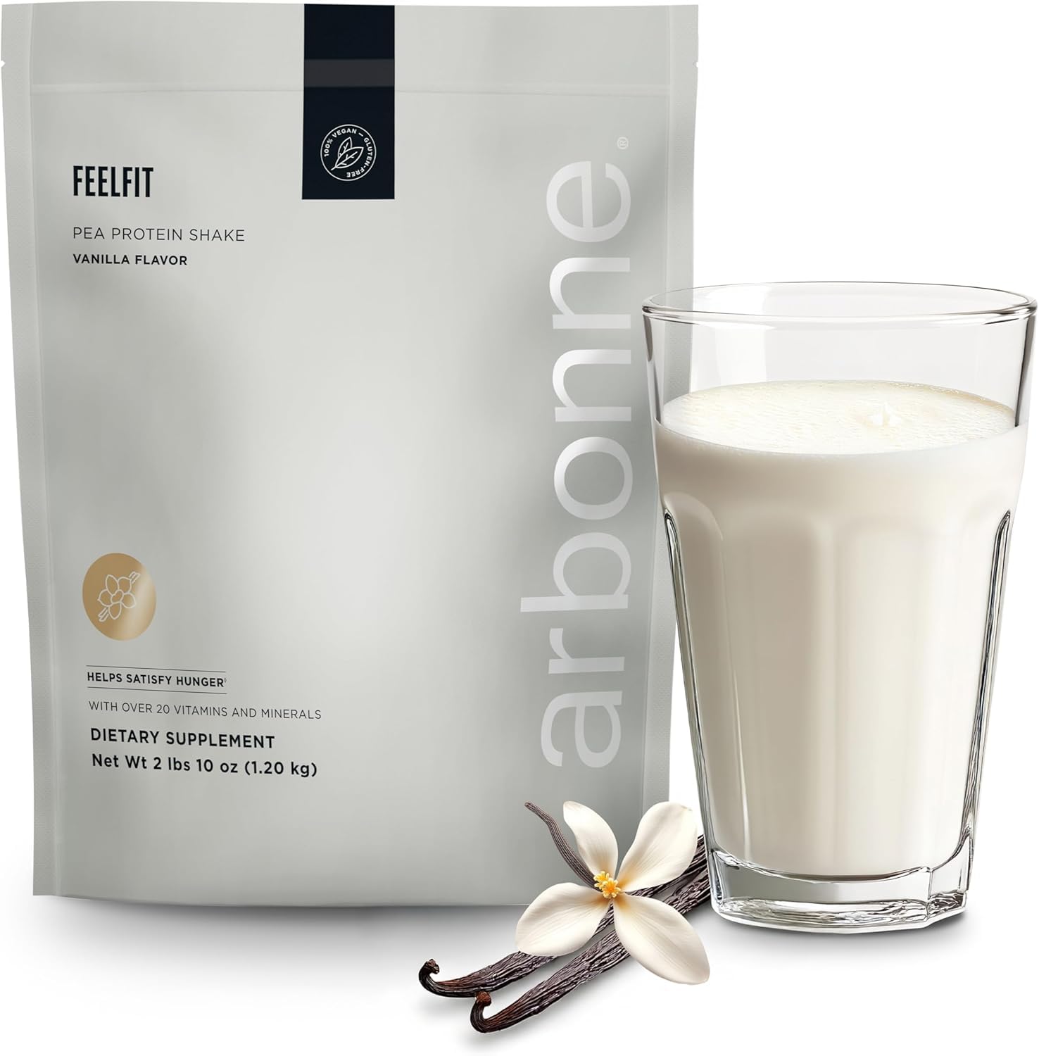 Arbonne Feelfit vanilla pea protein tub with 20g protein per serving for daily nutrition