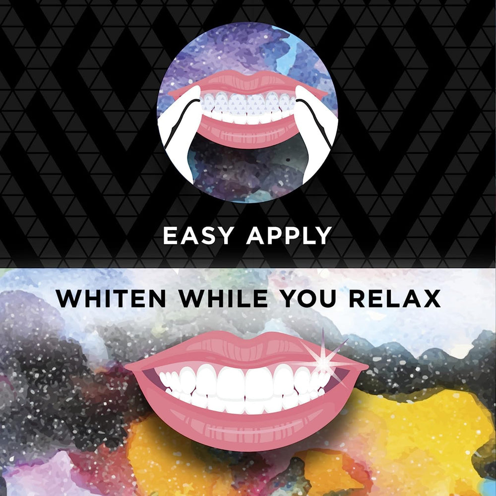 Upper and lower whitening strips being applied