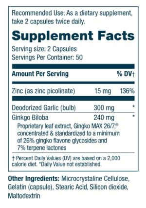 Ingredients showing zinc picolinate and deodorized garlic