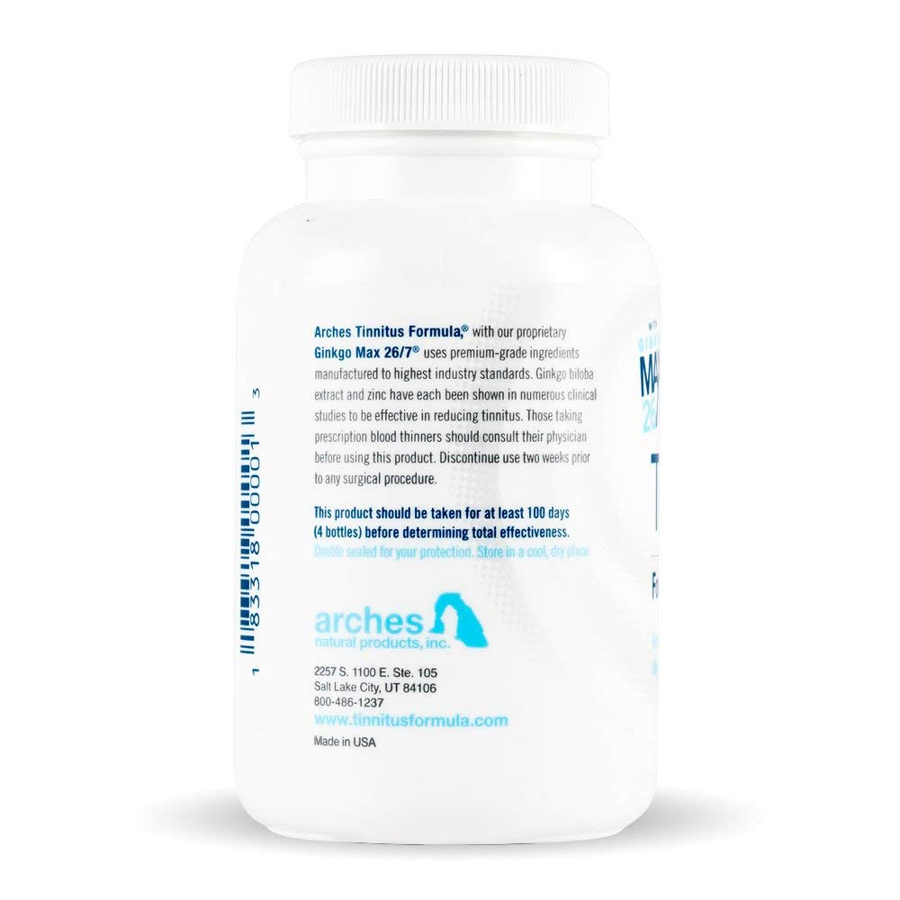Close-up of Arches Tinnitus Formula bottle label