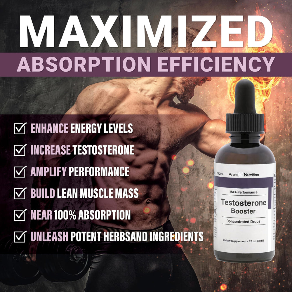 Arete Nutrition testosterone booster drops poured under the tongue for quick absorption.