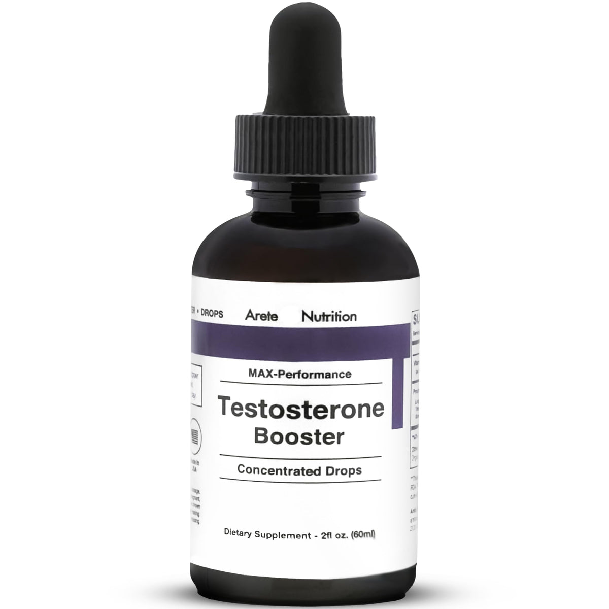 Arete Nutrition testosterone booster liquid bottle closeup highlighting natural ingredients and purity.