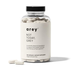Arey Not Today bottle of grey daily hair supplement on white background.