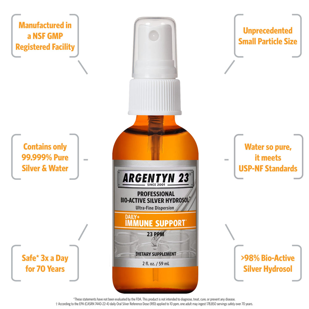 Close-up of Argentyn 23 23 ppm bio-active silver hydrosol bottle