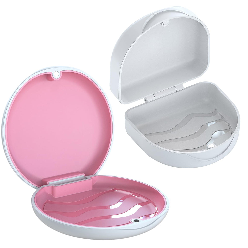 ARGOMAX aligner case in white with pink silicone, front view