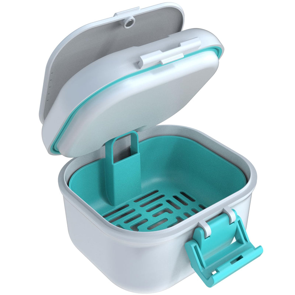 Denture bath box with draining basket and lid