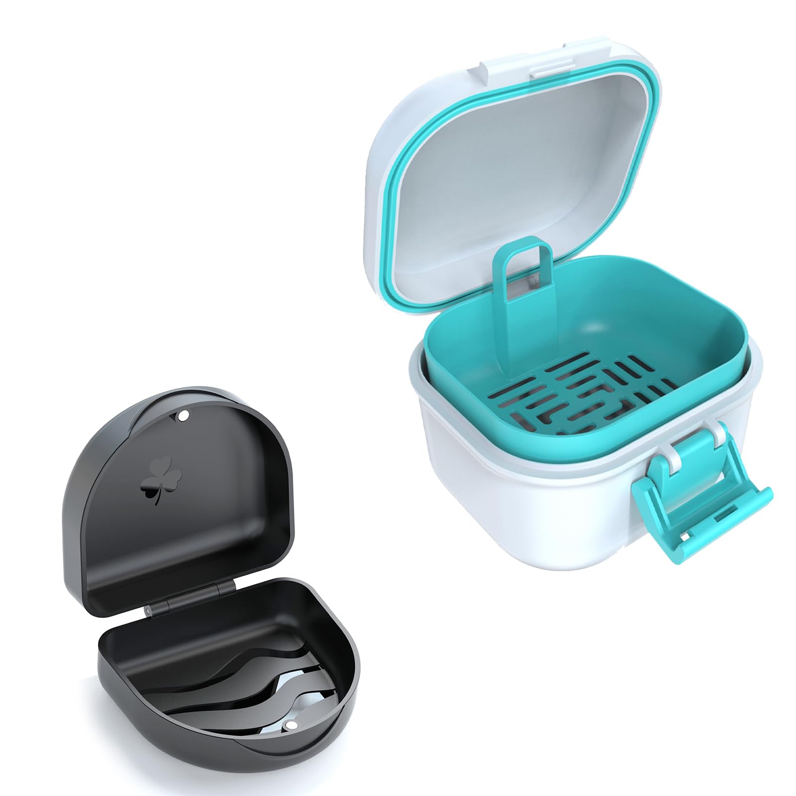 ARGOMAX leak-proof denture bath cup in white and cyan with closed hinges