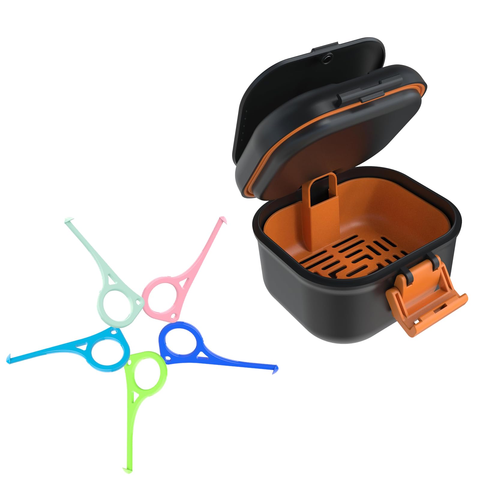 ARGOMAX leak proof denture bath cup exterior in black and orange