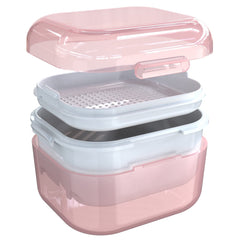 Leak-proof denture bath cup in pink and white