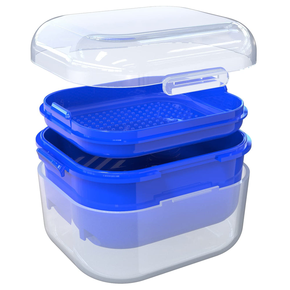 Leak-proof denture bath cup in white and cyan