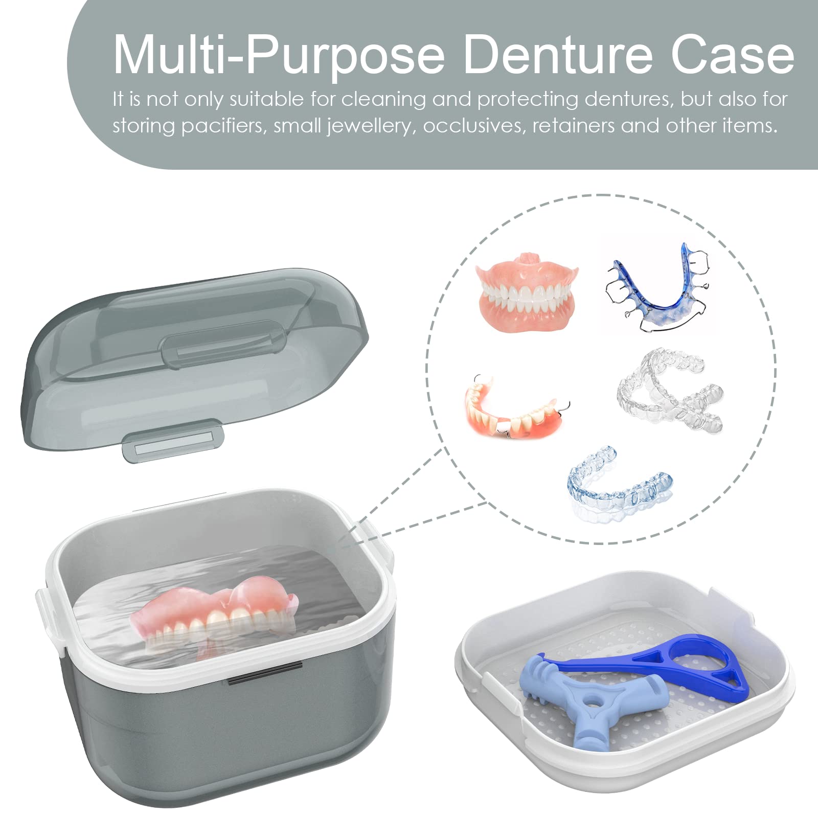 Compact interior design of the denture cup for secure denture storage