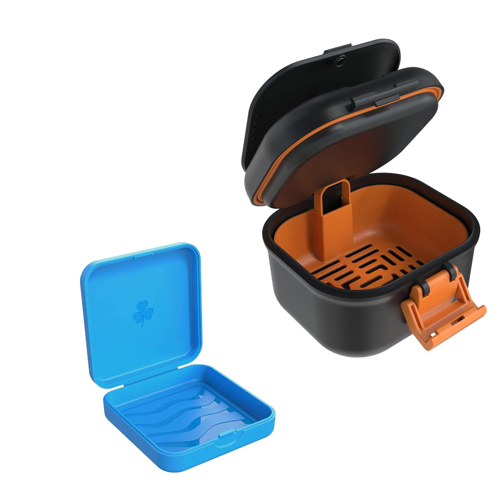 ARGOMAX leak proof denture bath cup in black and orange - closed with hinges