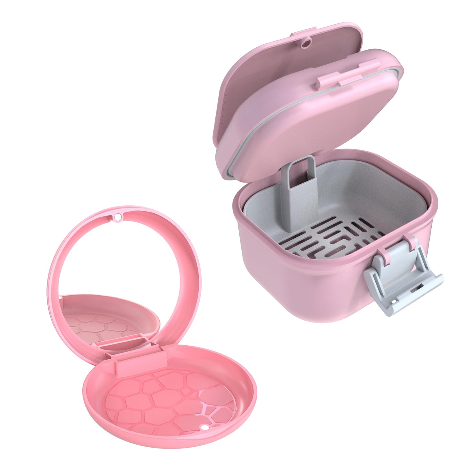 ARGOMAX leak proof denture bath cup pink and white front view