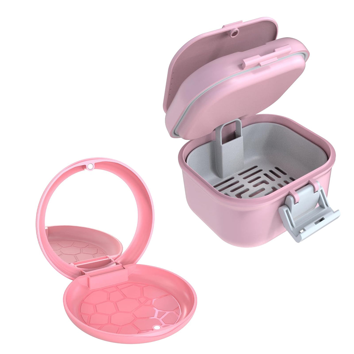 ARGOMAX leak proof denture bath cup pink and white front view