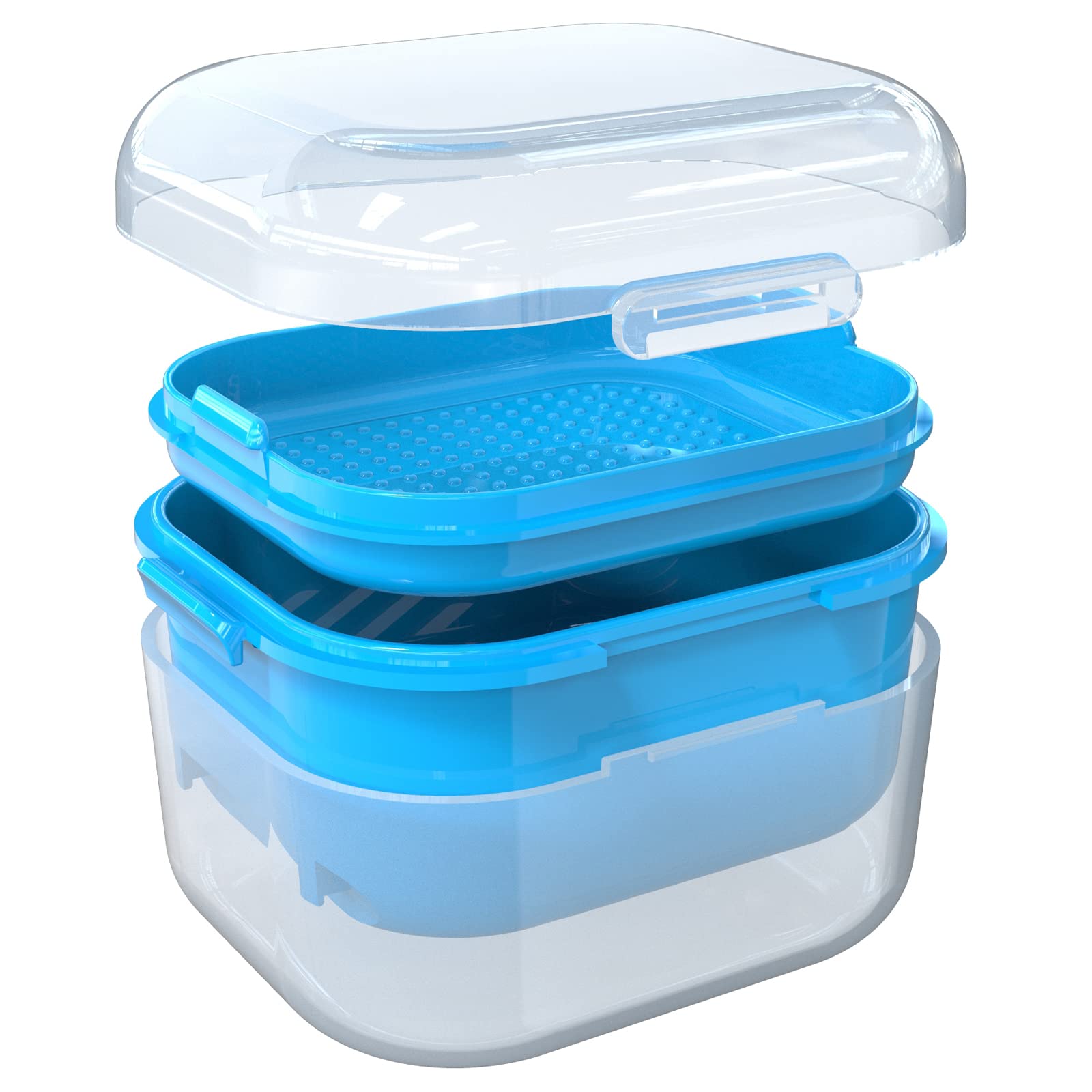 Leak-proof denture bath cup in white and cyan with hinged lid