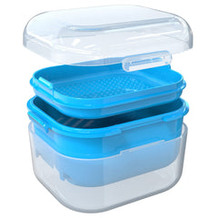 Leak-proof denture bath cup in white and cyan with hinged lid