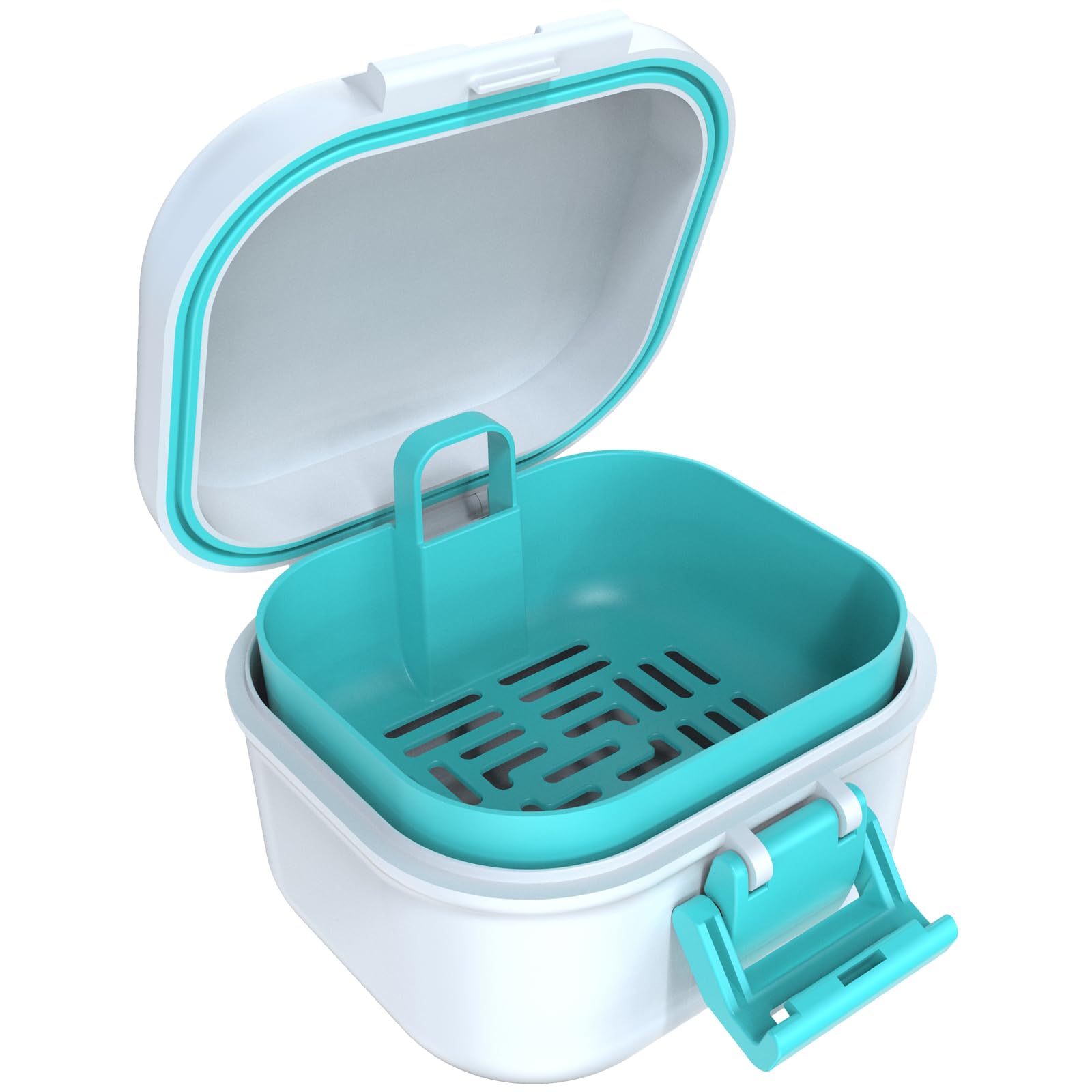 Denture bath case showing hinge and magnetic latch