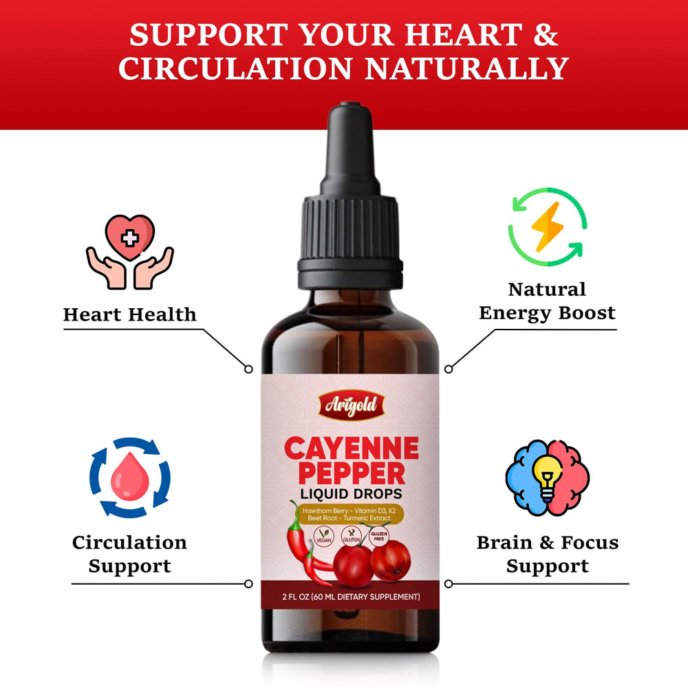 Front label view of Arigold Cayenne Pepper Liquid Drops bottle