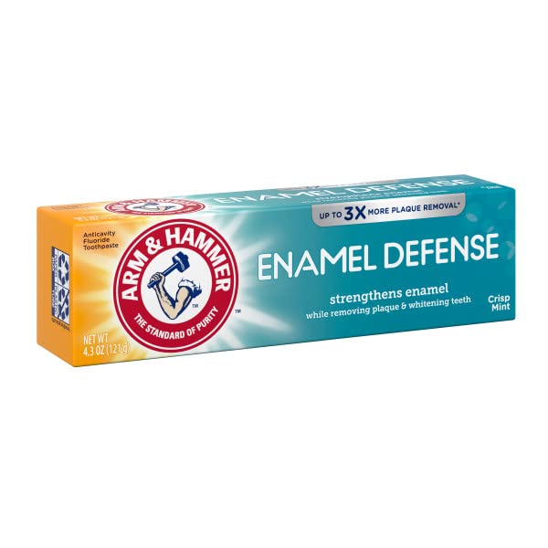 Close-up of ARM & HAMMER Enamel Defense toothpaste tube label Fresh Mint