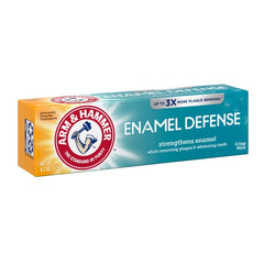 Close-up of ARM & HAMMER Enamel Defense toothpaste tube label Fresh Mint