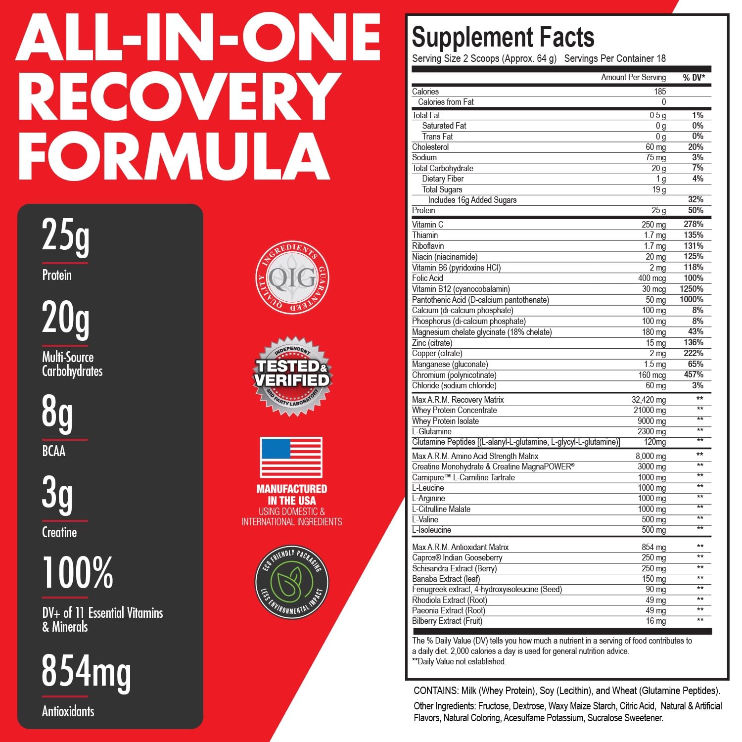 Close-up of Arm Plus+ label highlighting protein and creatine content
