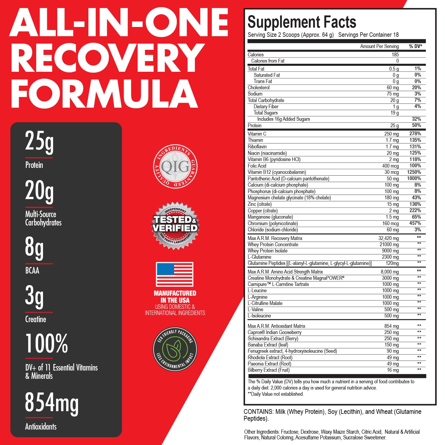 Close-up of Arm Plus+ recovery matrix shake and packaging