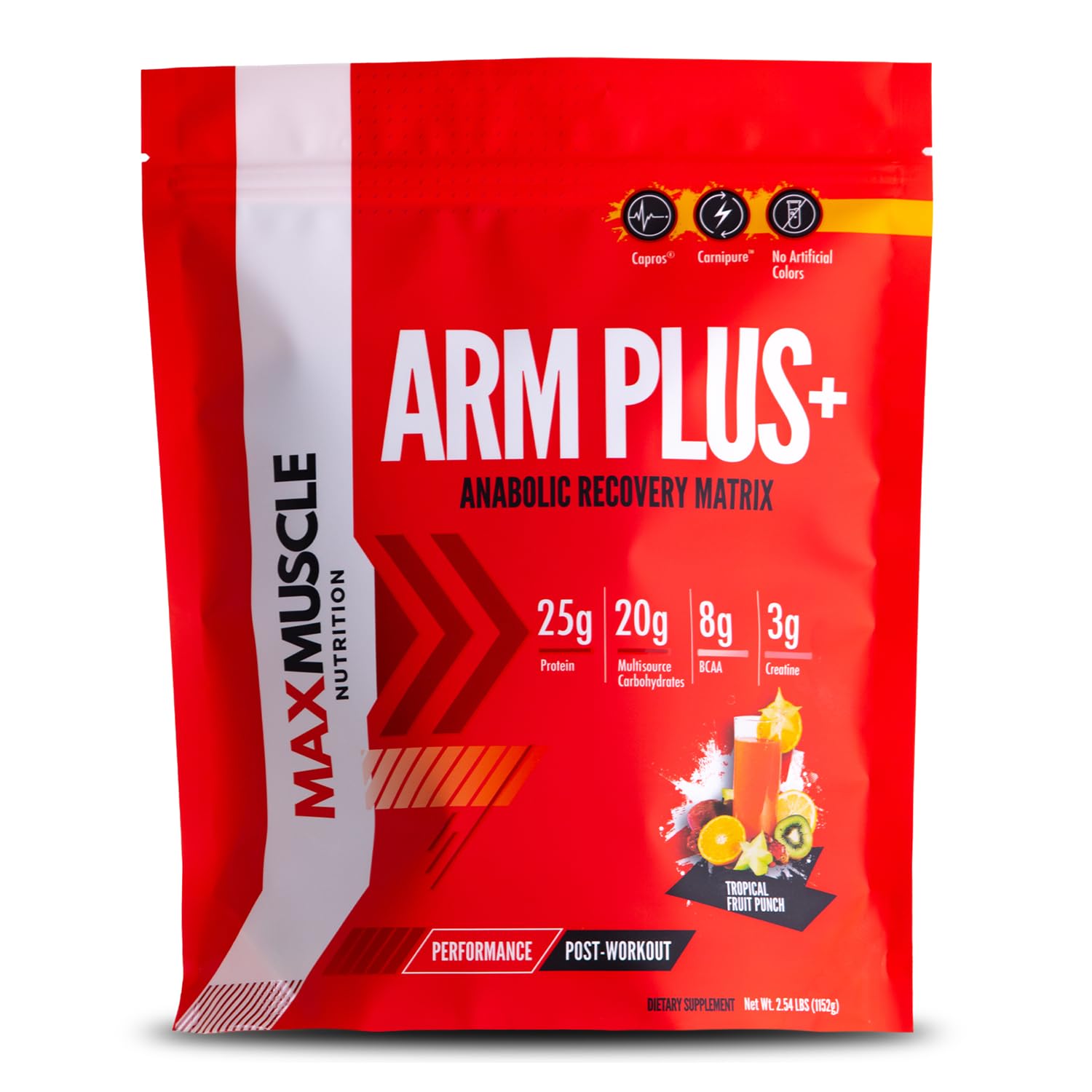 Front view of Max Muscle Arm Plus+ Anabolic Recovery Matrix Tropical Punch 2.54 lb tub