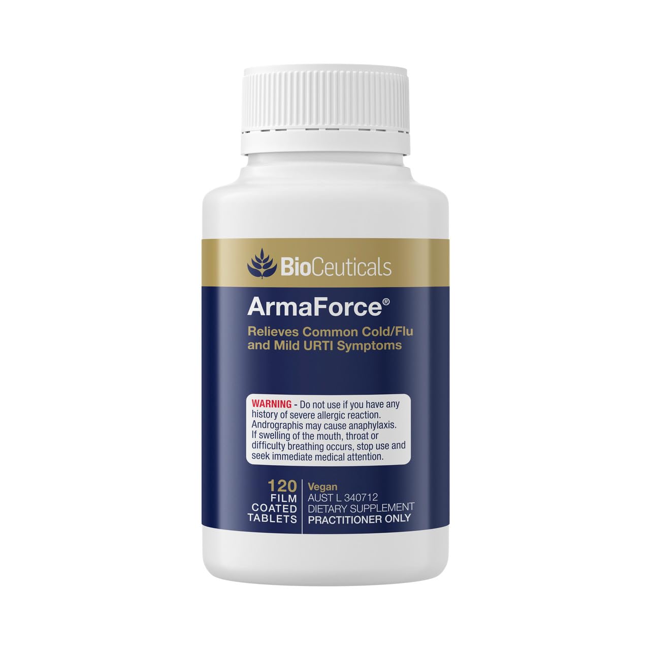Packaging and bottle of ArmaForce Olive Leaf 120 Tablets vegan